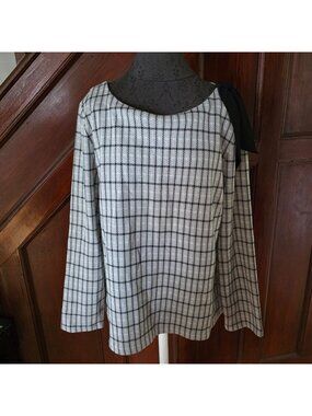 Talbots Womens Plaid Long Sleeve Top With Black Bow Accent Size XL NWT